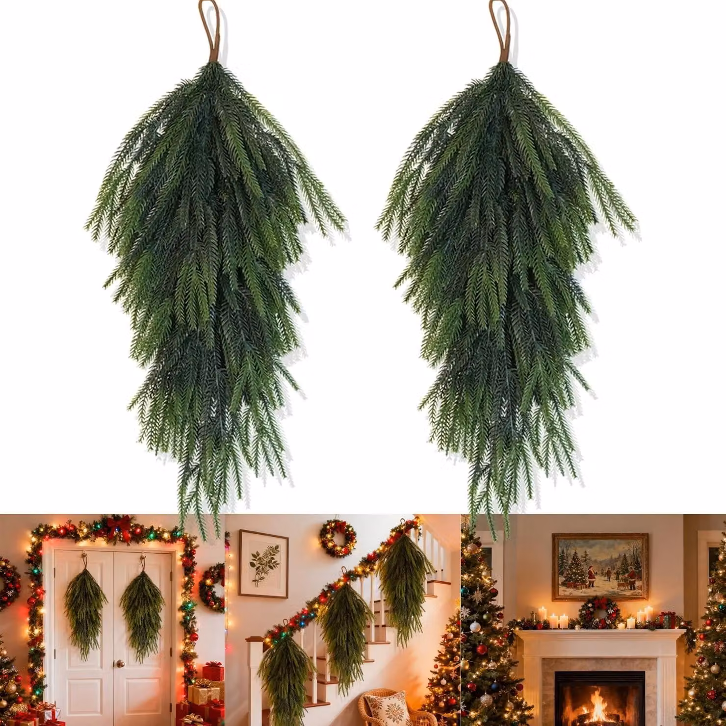 Set di 2 decorazioni natalizie artificiali a forma di lacrima, verde, lunghezza 76 cm