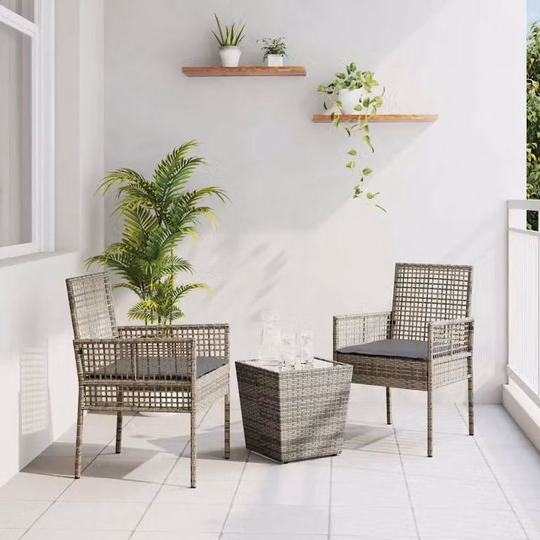 Set Bistro da Giardino vidaXL in Polyrattan Grigio con Tavolo in Vetro per Terrazza e Giardino