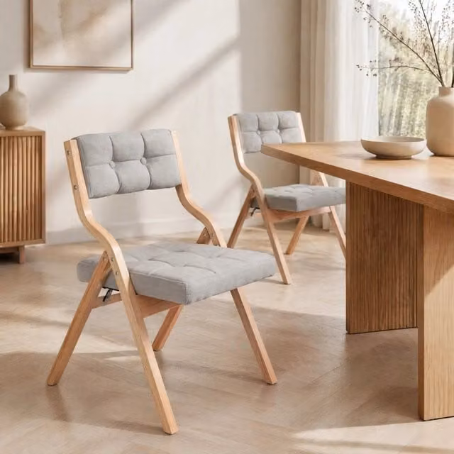 Set di 2 sedie da pranzo pieghevoli con seduta e schienale imbottiti in tessuto grigio e legno