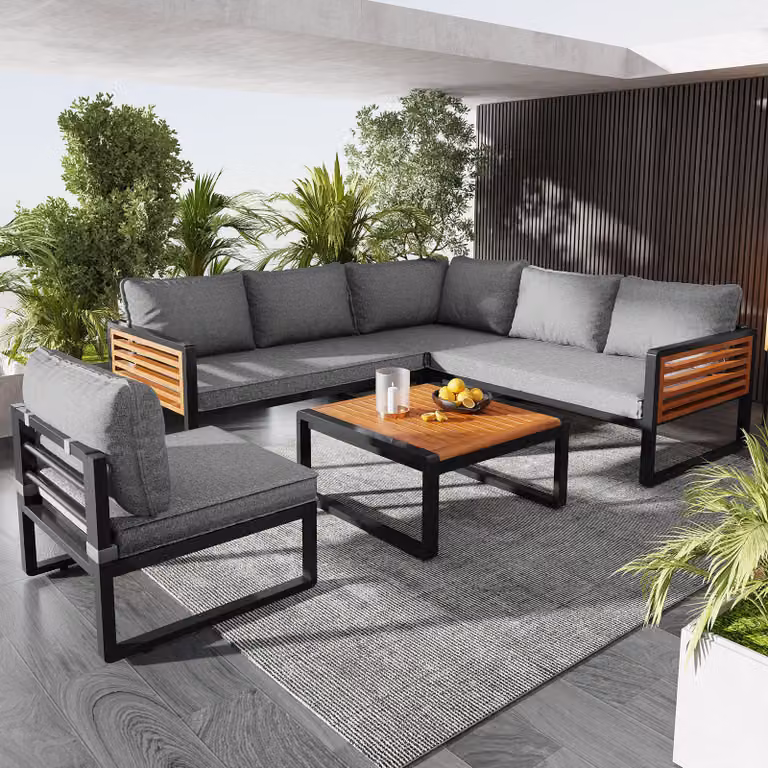 MERAX set da salotto da giardino mobili da balcone per esterni set da salotto da giardino, 5 pezzi, set da balcone con 2 divani a 2 posti, 1 divano ad angolo, 1 sedia e 1 tavolino da caffè