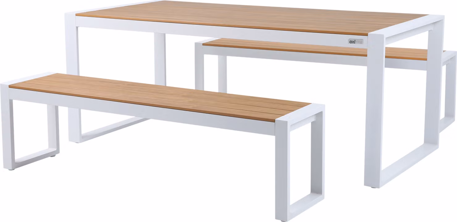 AXI Tony Tavolo e Sedie da Giardino con 2 Panche Individuali in Bianco con Legno Teak | Tavolo da giardino con sedie / Salottino da Esterno in alluminio | Set da pranzo per esterni / Set da Giardino