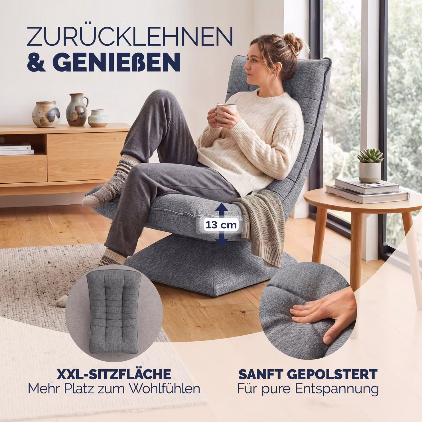 Sedia relax Aberdeen Casaria in tessuto grigio con struttura in metallo e funzione girevole a 360 gradi – 2