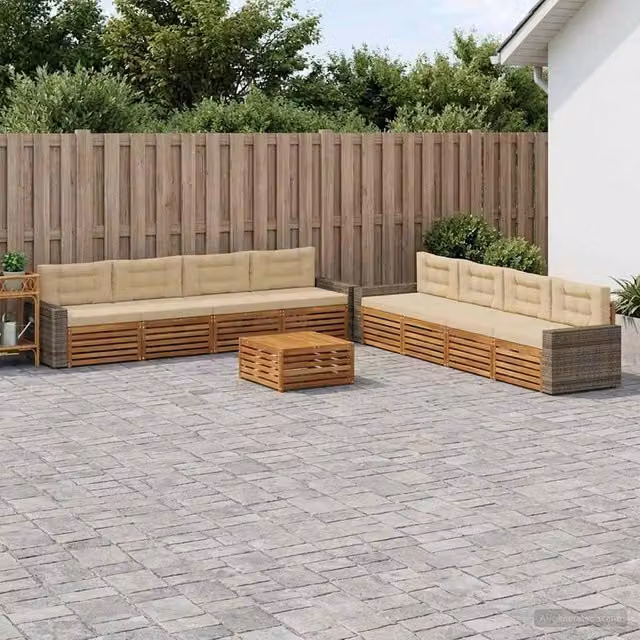 Set di divani da esterno a forma di U vidaXL in legno di acacia con tavolo da caffè e cuscini, Beige e Marrone – 1