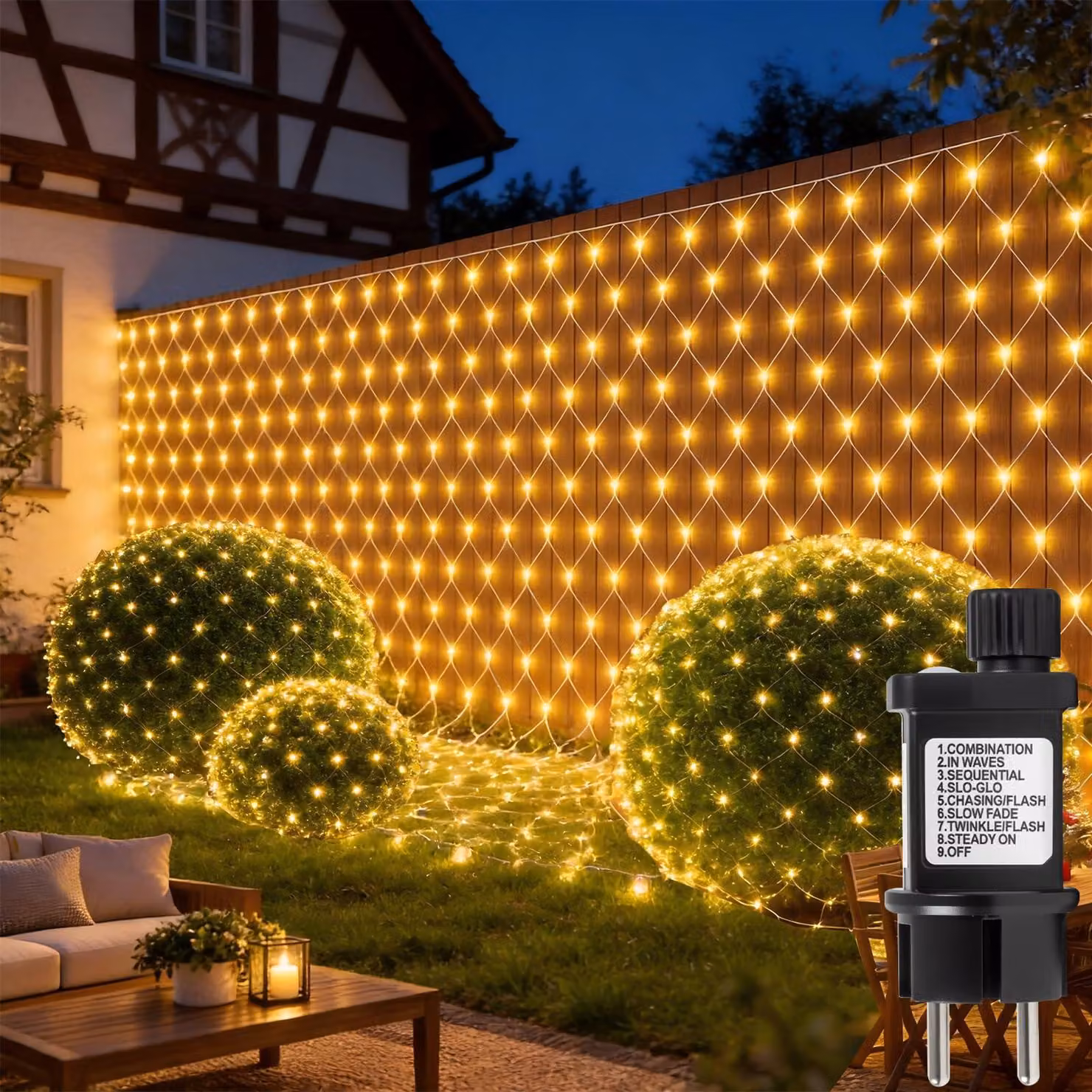 Catena luminosa a LED, dimensioni 3x2 metri, 208 LED bianco caldo, grado di protezione IP44, timer, 8 modalità