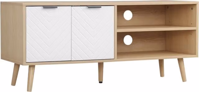 Mobile TV Moderno XYLO con 2 Ante e 2 Ripiani, Bianco e Legno Naturale, L 110 cm x P 39 cm x H 48,8 cm