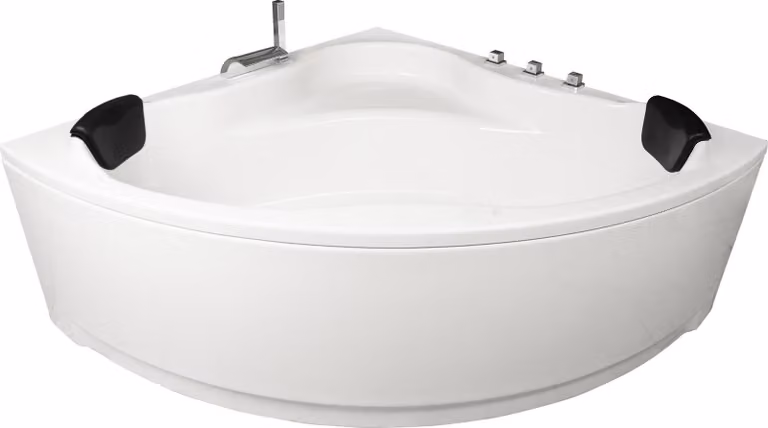 Vasca da bagno angolare Basera Malai 150 x 150 cm con cascata, ambiente LED e poggiatesta