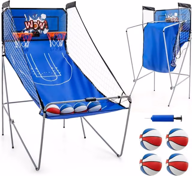 Gioco arcade da basket Double-shot blu in metallo e MDF pieghevole con 8 modalità di gioco L/P/H: 206 x 110 x 206 cm