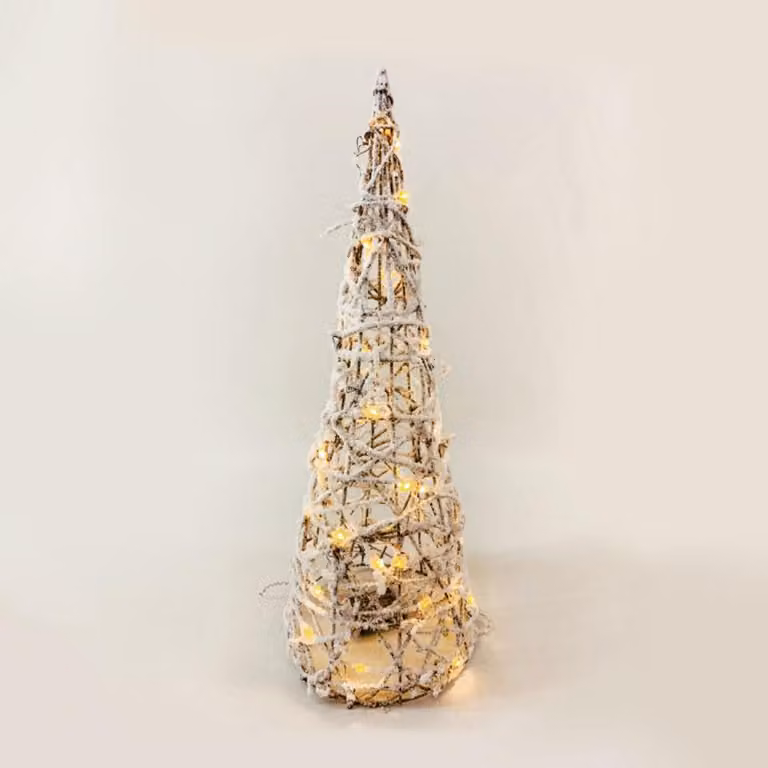 ACA Albero di Natale illuminato in rattan con effetto neve, 30 mini LED a luce bianca calda, alimentato a batterie (3xAA), grado di protezione IP20, 18,5x50 cm, X11301110