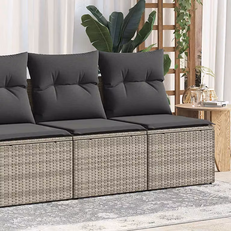 Set di divani da giardino vidaXL in polyrattan e legno di acacia con cuscini grigi