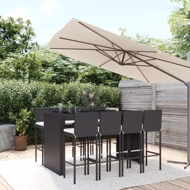 Set Bar da Giardino vidaXL in Polyrattan Nero con Cuscini e Tavolo in Vetro, 9 Pezzi