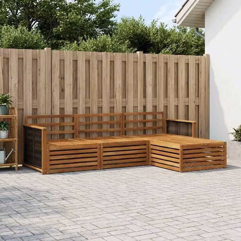 Set di divani da esterno a L vidaXL in legno di acacia massello marrone con pouf e cuscini
