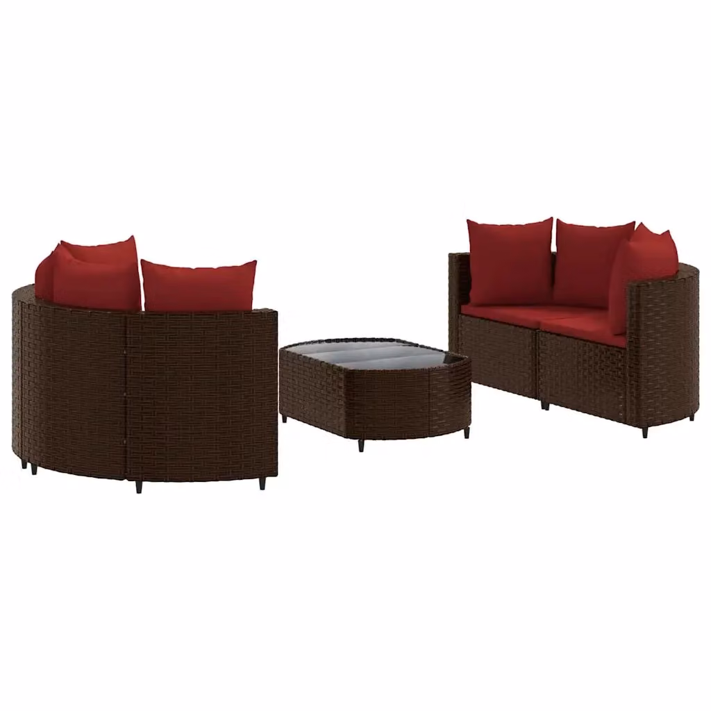 vidaXL Set Divano da Giardino a L 5 pz con Cuscini Marrone e Rosso in Polyrattan e Metallo – 2