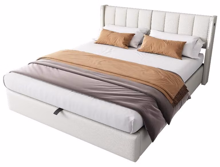 Letto imbottito 140x190 cm, colore bianco, realizzato in PU, con spazio contenitore, illuminazione LED, porta USB e schienale regolabile
