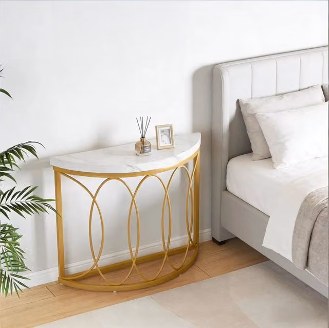 Consolle da ingresso 110x35x80 cm bianco e oro, design mezzaluna, piano effetto marmo,