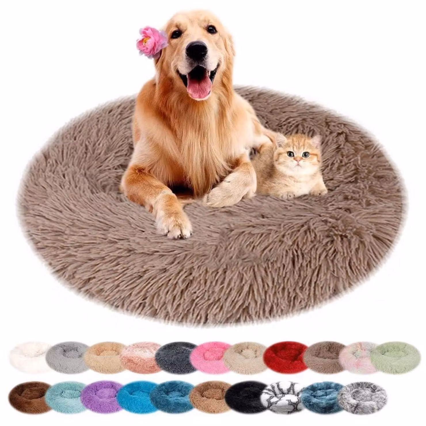 Cuccia per cani, forma rotonda, in peluche, lavabile, color beige, diametro 110 cm