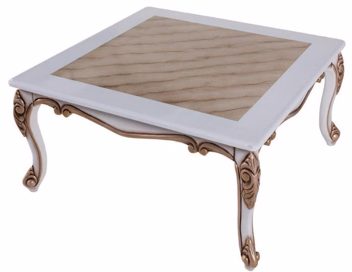 Casa Padrino tavolino barocco beige / bianco / bronzo 89 x 65 x h. 45 cm - Tavolo da salotto in legno massiccio in stile barocco - Mobili da salotto barocchi