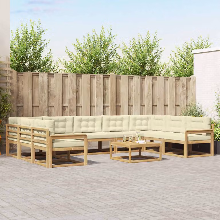 Set di divani da esterno vidaXL 10 pezzi in legno di acacia con tavolo da caffè e cuscini, Bianco e Beige