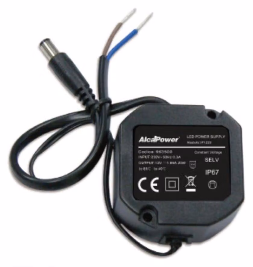 Alcapower Alimentatore Switching IP67 12V 20W 1.66A, Uscita DC 5.5x2.1mm, Efficienza Energetica Elevata, Design Compatto per Ambienti Esterni ed Umidi