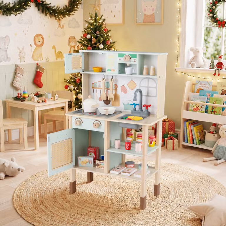 Cucina da gioco in legno Costway per bambini con luci e suoni, set giocattolo con accessori verde