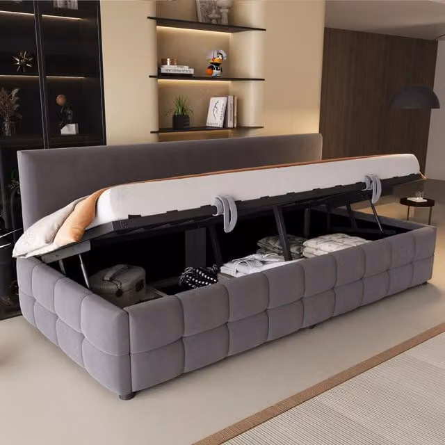 Letto singolo con contenitore Mivray in velluto grigio con schienale imbottito L/P/H: 202 x 90 x 78 cm