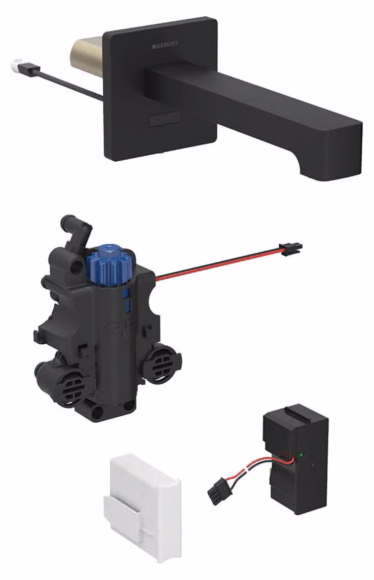 Robinetterie de lavabo Geberit Brenta, saillie 220mm, avec mitigeur thermostatique, alimentation au réseau, pour boîtier de fonction encastré, 116.297.14.1, 116.297.14.1