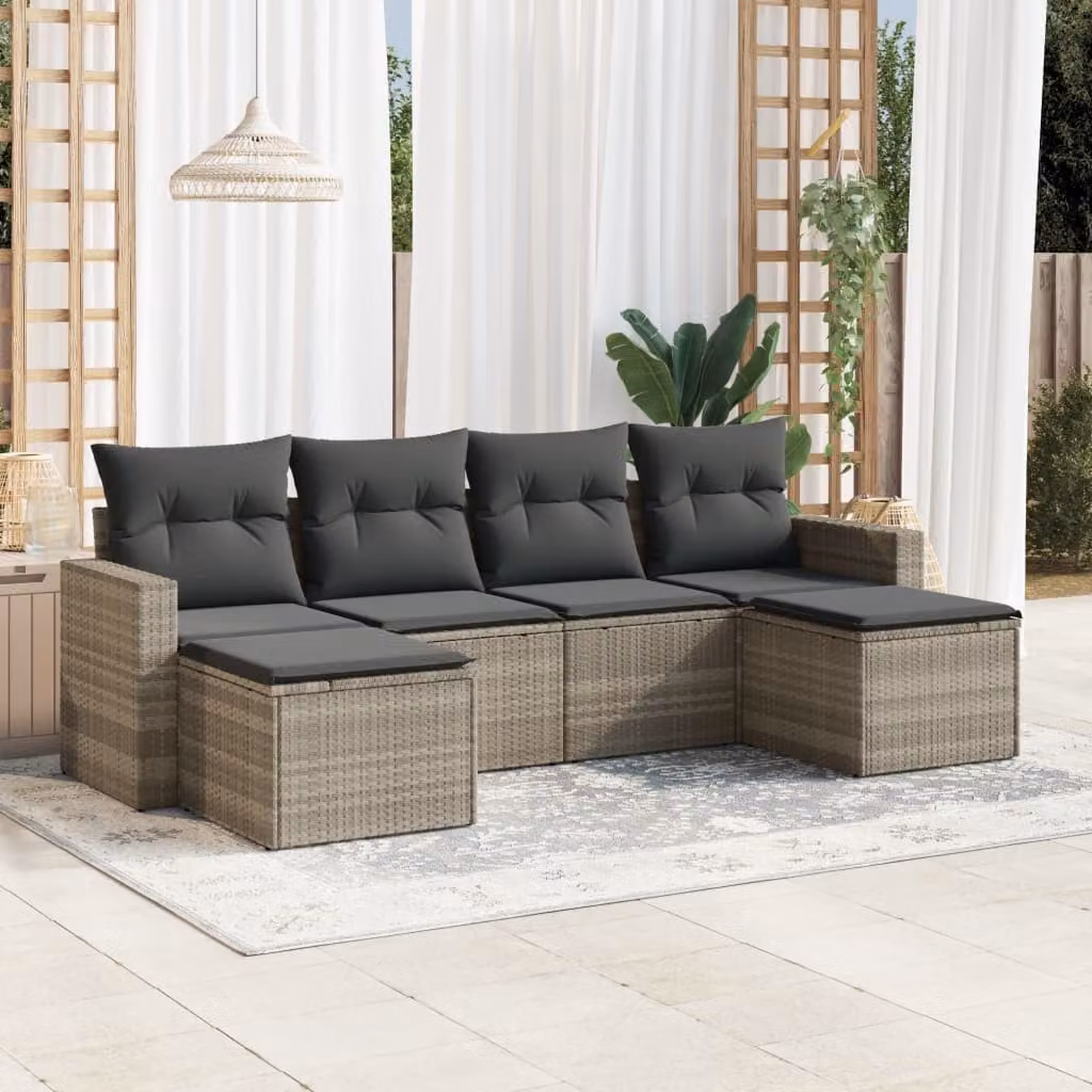 vidaXL Set Divano da Giardino a L 6pz con Cuscini Grigio con Struttura in Acciaio e Polyrattan – 1