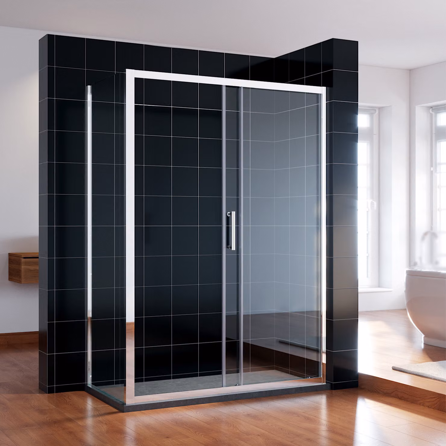 SONNI 150x185cm porta scorrevole doccia in vetro trasparente con pannello laterale da 90cm