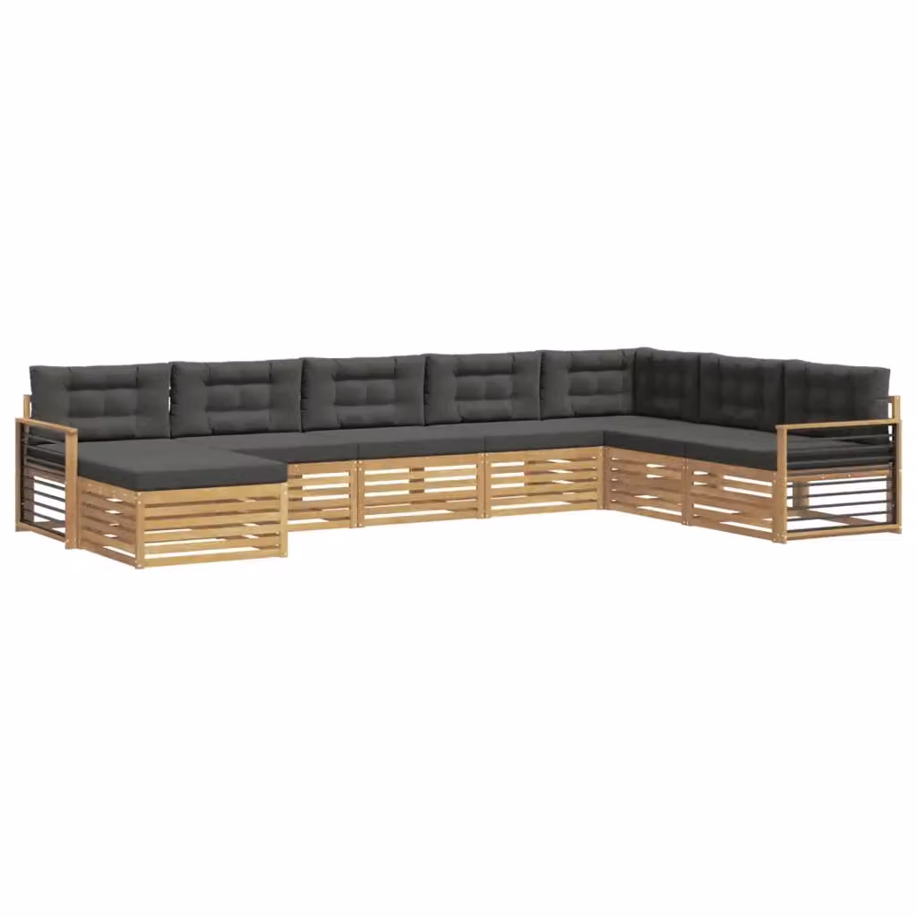 Set di divani da esterno a L vidaXL in legno di acacia con pouf e cuscini, Bianco e Antracite – 2