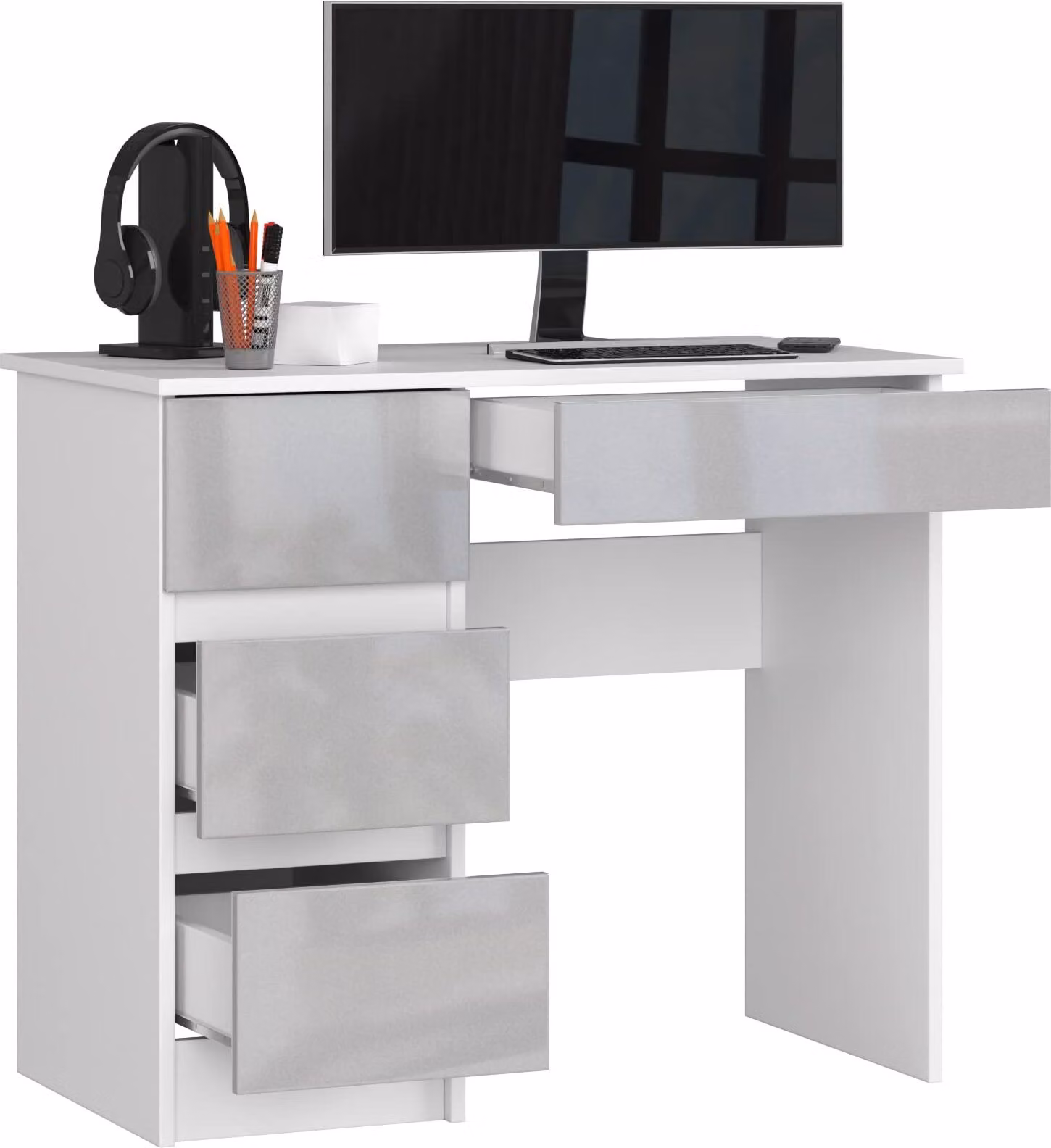 BDW Scrivania per ufficio con 4 cassetti, scrivania per videogiochi, bianco/grigio sinistro lucido
