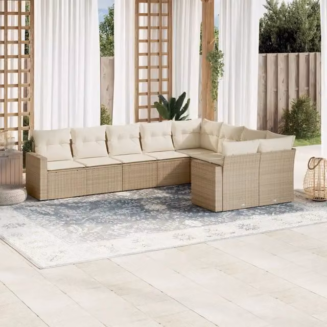 Set Divano da Giardino VIDAXL a L in Polyrattan Beige con 9 Pezzi e Cuscini