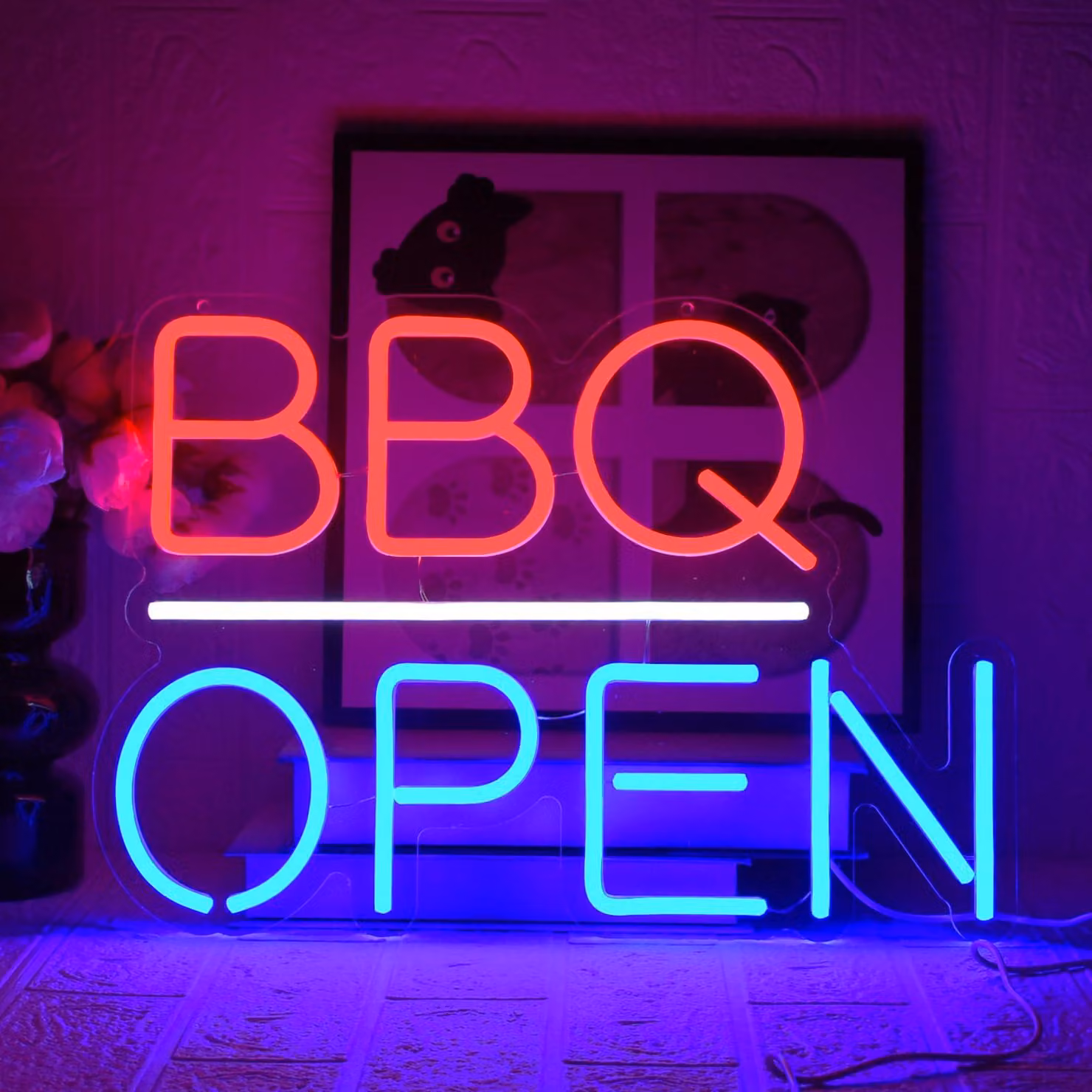 Segnaletica luminosa "BBQ Open", LED, alimentazione USB, 42x29,5 cm, decorazione da parete