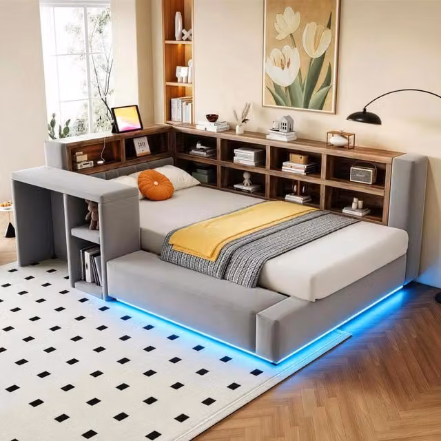 Letto imbottito, 90 x 200 cm, con tavolino, ripiano portaoggetti, illuminazione a LED, presa di ricarica, grigio scuro