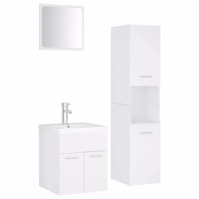 Set Mobili da Bagno Moderno Bianco con Mobile Lavabo, Armadio Alto e Specchiera a Parete in Legno e Plastica L/P/H: 46.0 x 41.0 x 38.5 cm