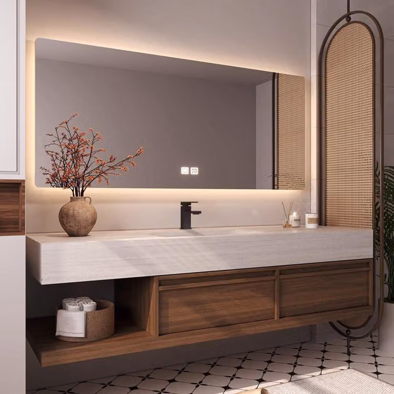 Mobile lavabo - Pietra sinterizzata - Mobile lavabo, lavabo con mobile sottolavabo, specchio da parete, lavello con foro per rubinetteria 140 cm 【RW016-140】