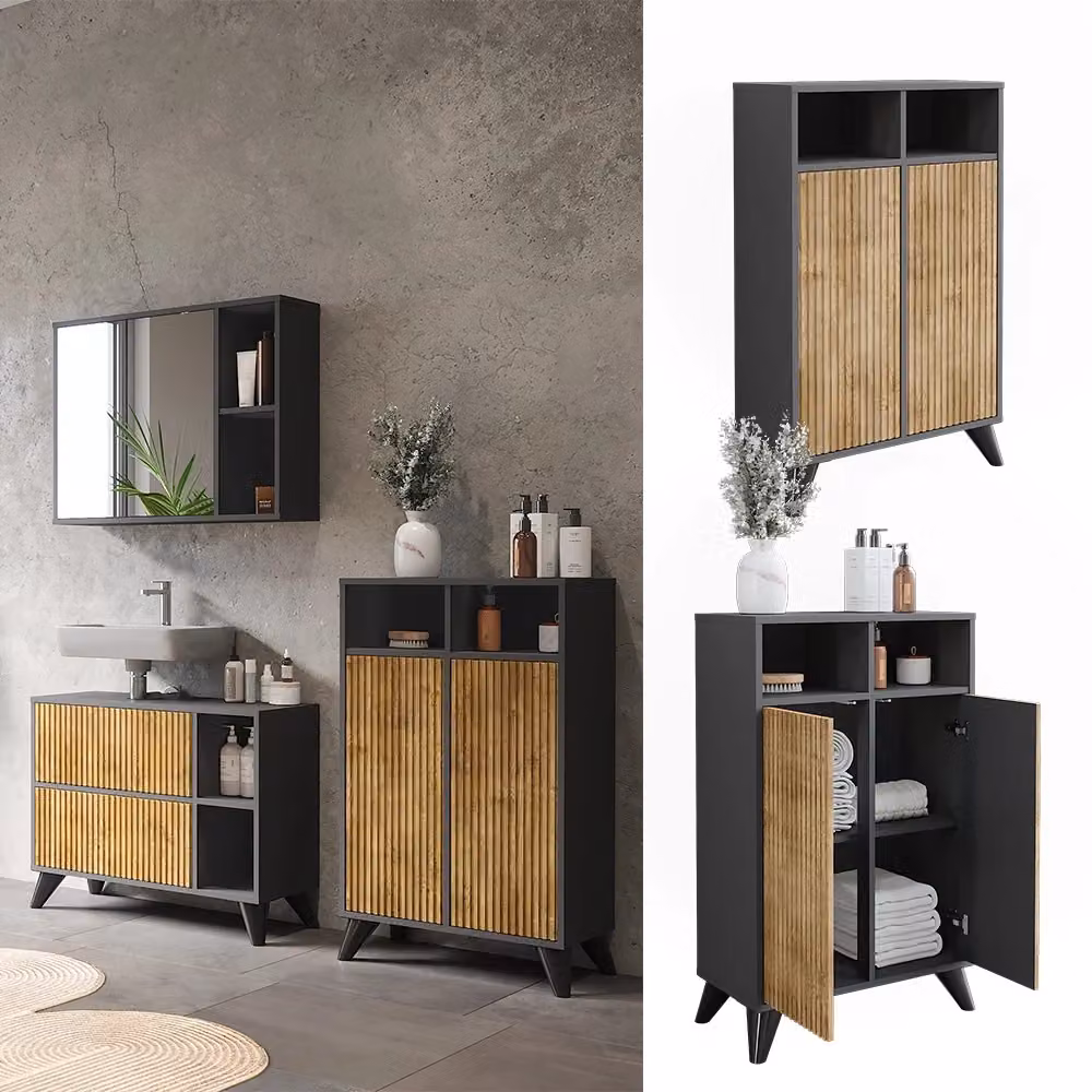 Mobiletto da bagno sospeso Leano Vicco Antracite e Rovere con 2 ante, L: 60 cm, H: 97 cm – 2