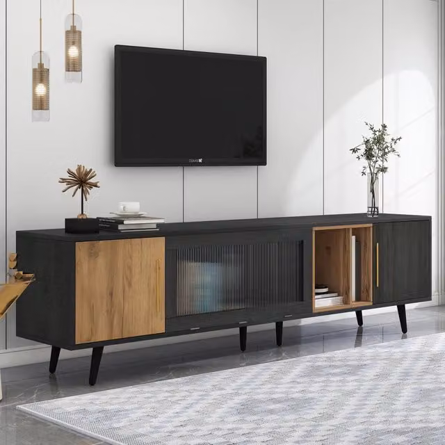 Mobile porta TV moderno OKWISH in MDF con 3 ante e vano centrale aperto, grigio e marrone, L: 200 cm, P: 40 cm, H: 55,5 cm