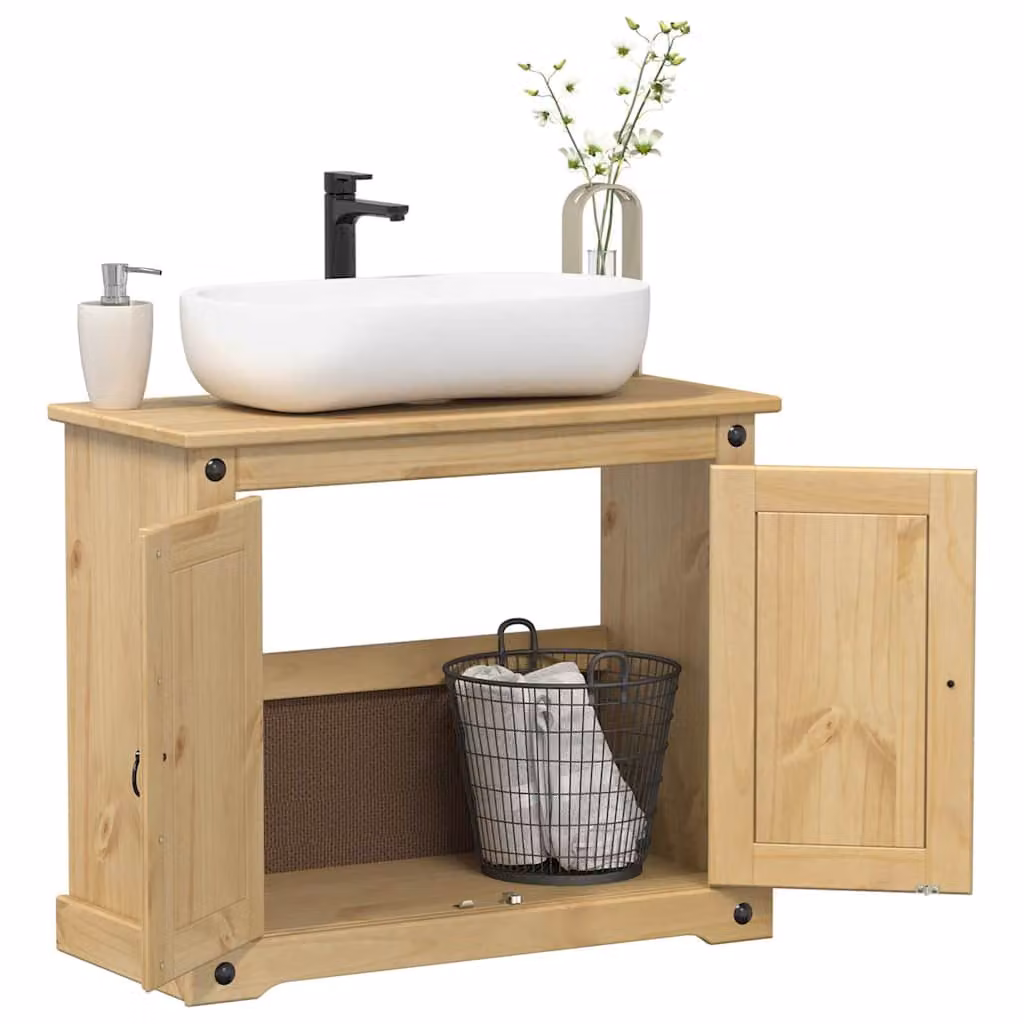 Mobile Lavabo da Bagno Corona vidaXL in Legno Massello di Pino, Colore Marrone/Beige, L 73 cm x P 33 cm x H 60 cm