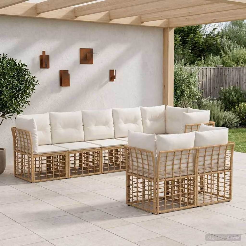 Set di divani da esterno a L vidaXL in polyrattan beige e marrone con cuscini in poliestere resistente ai raggi UV
