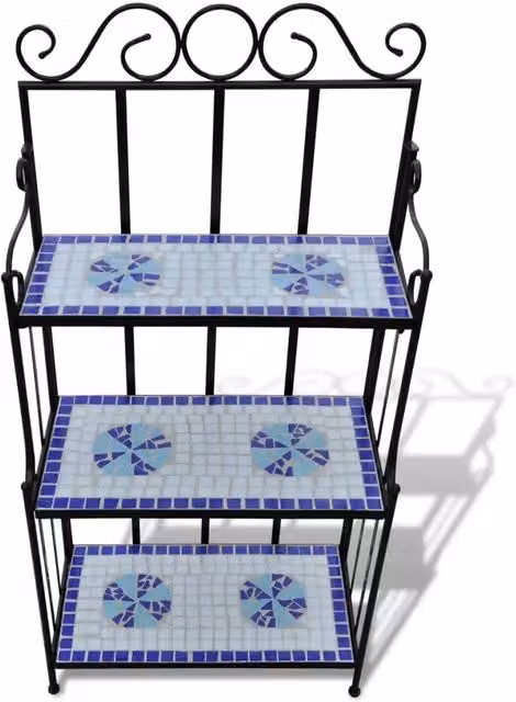 Piedistallo per piante vidaXL in ceramica e metallo con mosaico geometrico blu e bianco per giardino e balcone H: 115 cm, L: 58 cm, P: 30 cm