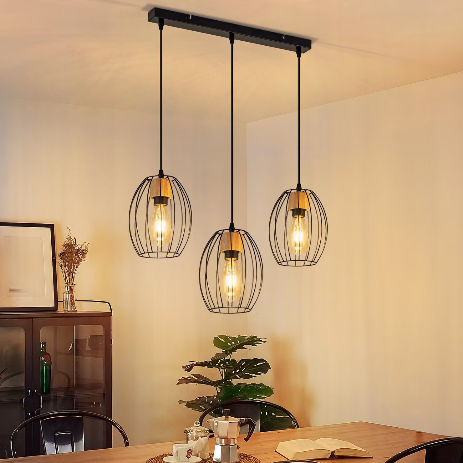 ZMH Lampada a sospensione vintage a sospensione da tavolo - lampada da tavolo a 3 fiamme a sospensione nera in metallo e legno E27 Lampada a sospensione retrò per soggiorno camera da letto cucina (senza lampadina)
