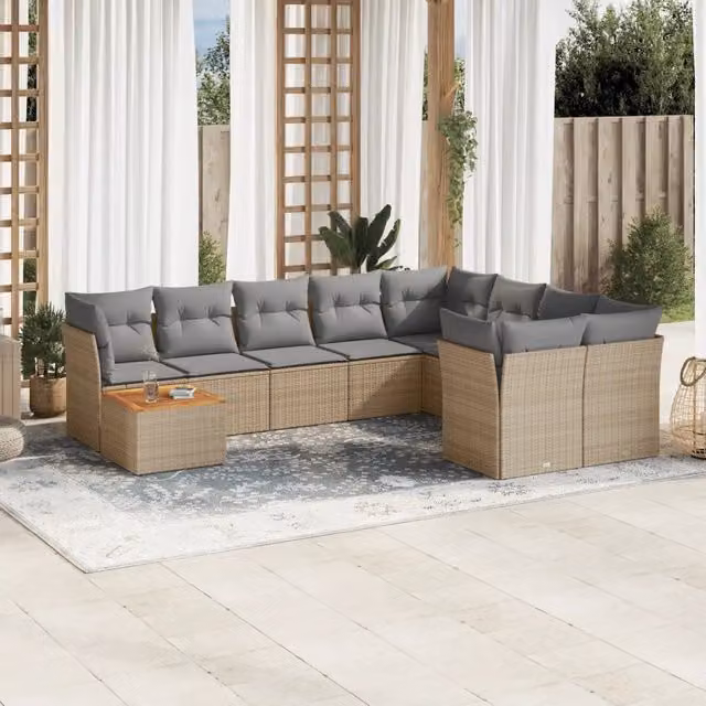 Set Divano da Giardino vidaXL in Polyrattan con Cuscini Beige e Grigio, 10 Pezzi con Tavolino e Elementi Angolari – 1
