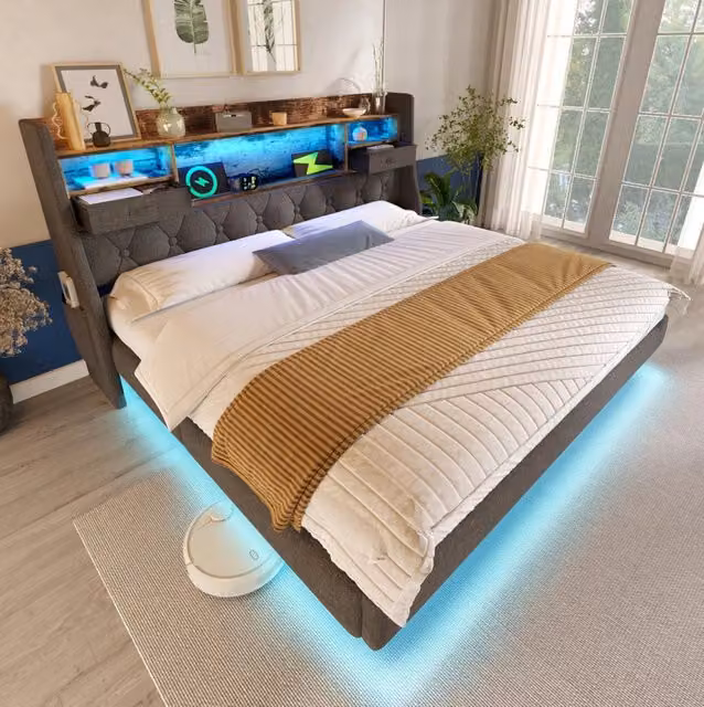Letto imbottito 140x200 cm con LED; testiera contenitore; USB e Type-C; lino grigio