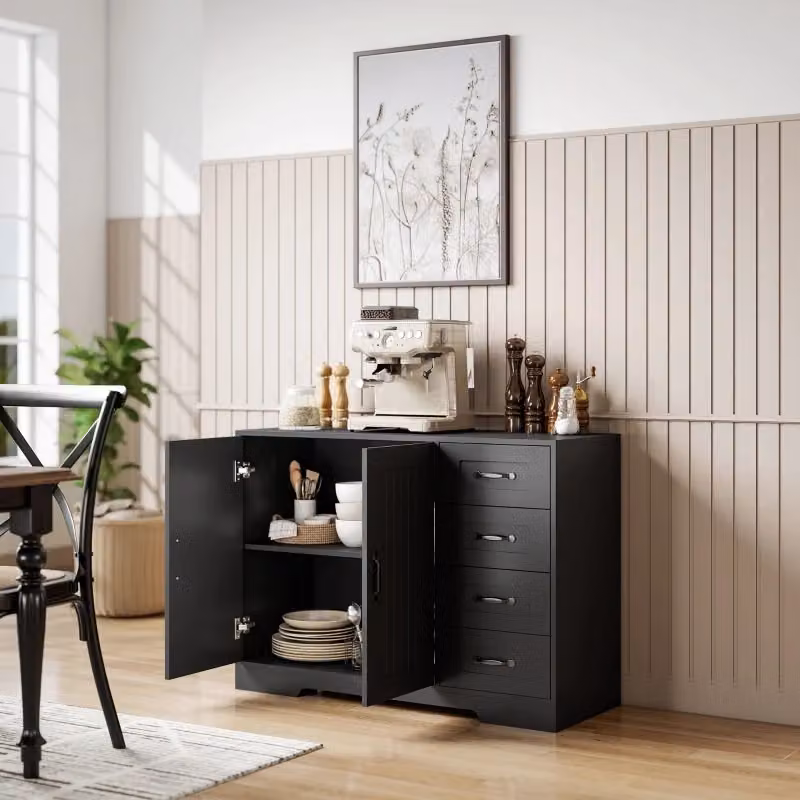 Madia moderna nera con 4 cassetti e 1 anta per soggiorno o sala da pranzo, L 105 cm x P 40 cm x H 76 cm – 2