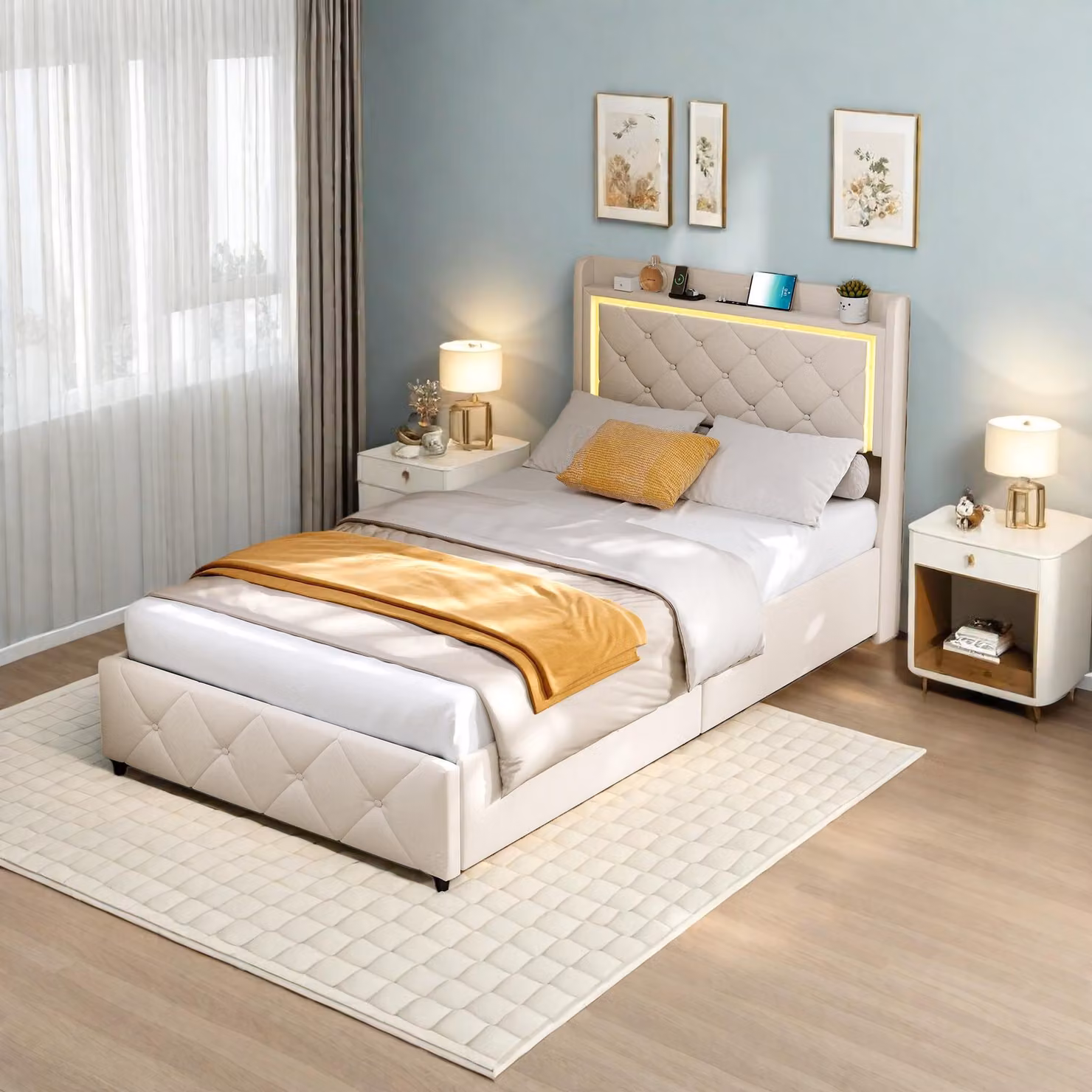 Letto imbottito ProximaX 90x200 cm beige con LED e USB-C – Letto singolo con 2 cassetti, rivestimento in velluto, struttura con testiera