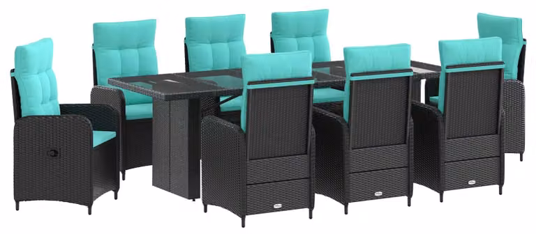 Set da tavolo da esterno, 9 pezzi, in rattan sintetico nero e turchese