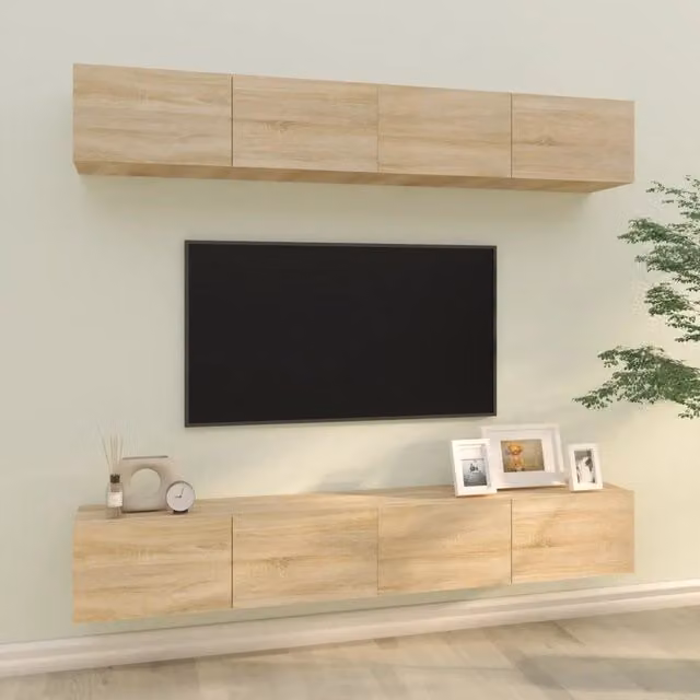 Set di 4 mobili porta TV da parete vidaXL in legno color rovere beige, L 100 x P 30 x H 30 cm – 1