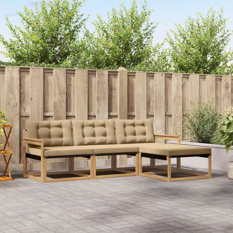 vidaXL Set di divani da esterno a L con pouf, struttura in legno di acacia e cuscini bianchi e beige