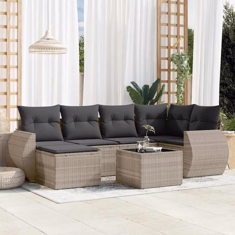 vidaXL Set Divani da Giardino 7pz a Forma di L in Polyrattan Grigio con Cuscini e Tavolino