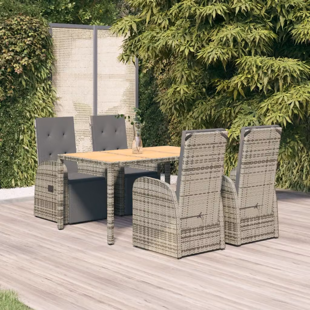 Set da pranzo da giardino vidaXL in polyrattan e legno di acacia con cuscini, 5 pezzi, grigio