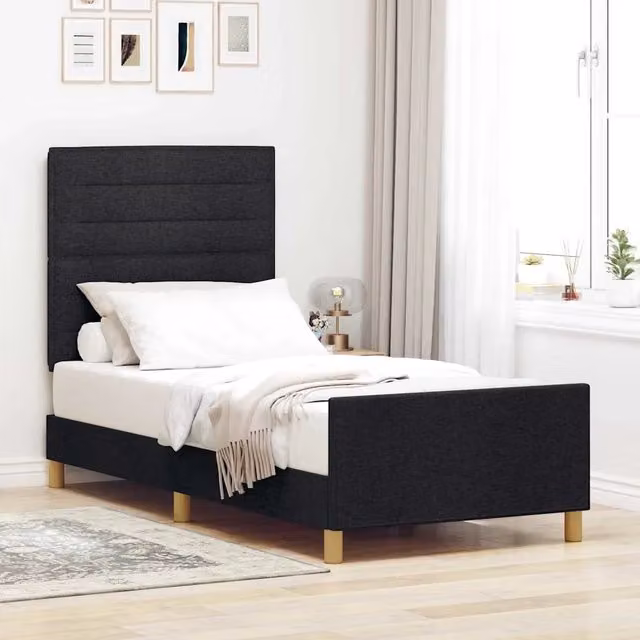 Letto con testiera e giroletto imbottito in tessuto nero DESIGN IN L/P: 80 x 200 cm